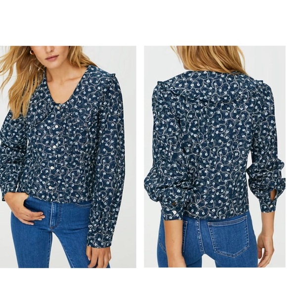 AritziaWIilfred blythe blouse ruffled prairie statement collar blue floral small - Picture 2 of 12
